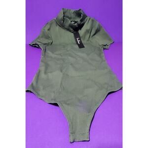 Lulus Mock Neck Short Sleeve Fitted Ribbed Bodysuit SMALL Olive Green Stretchy